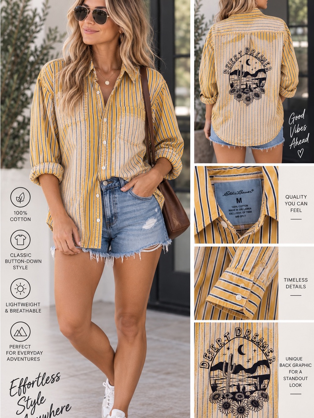 Eddie Bauer Yellow and White Striped Bleached Button-Down Shirt Desert Dreamer